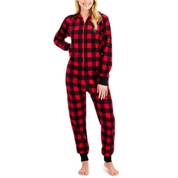 Macy's Red Fleece Plaid Printed One-Piece - Size Medium - Picture 1 of 6